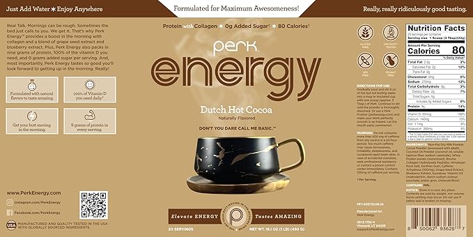 Perk Energy Original Dutch Hot Cocoa (20 Servings) - Gluten Free and Soy Free