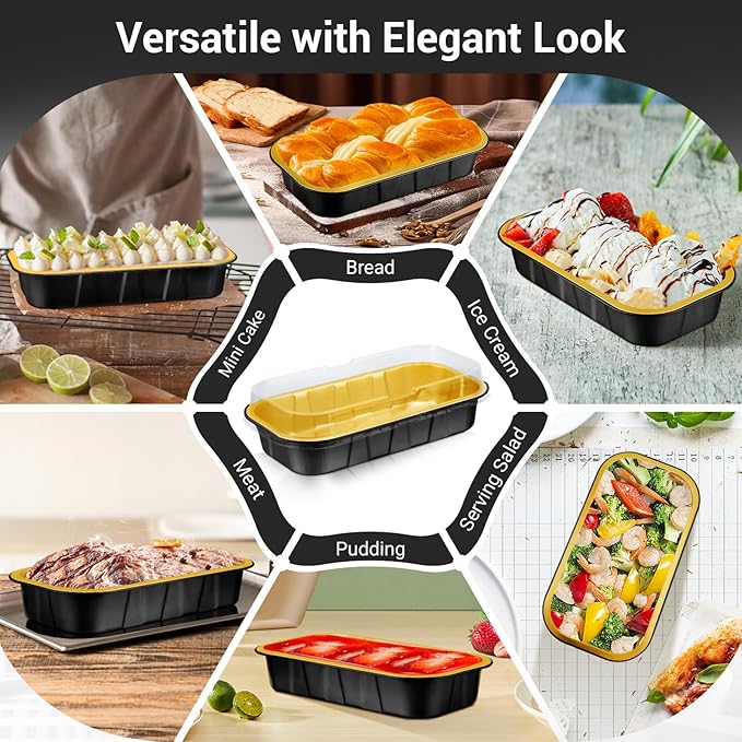 EUSOAR Mini Cake Pans with Lids,Black Gold 50pcs 20.9oz Aluminum Foil Disposable Mini Cake Loaf