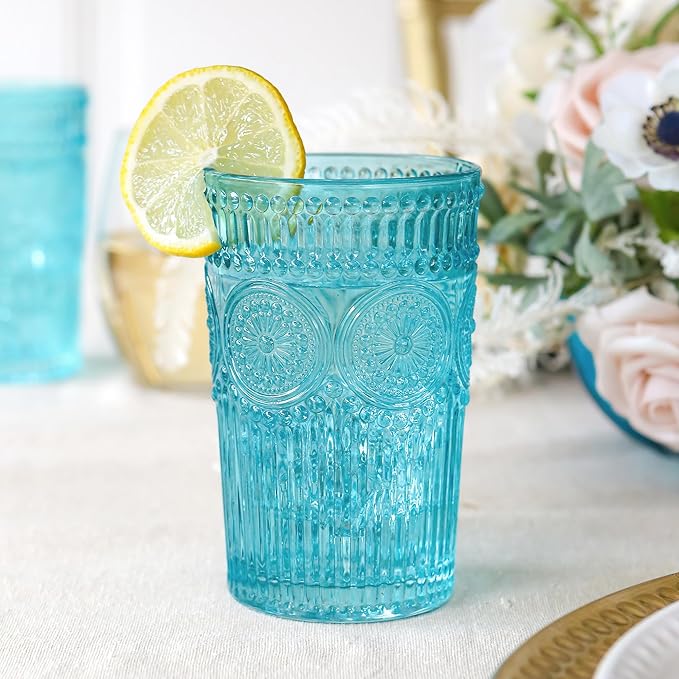 Kate Aspen Vintage Textured Aqua Blue Striped Drinking Glasses, Set of 6 (13oz)