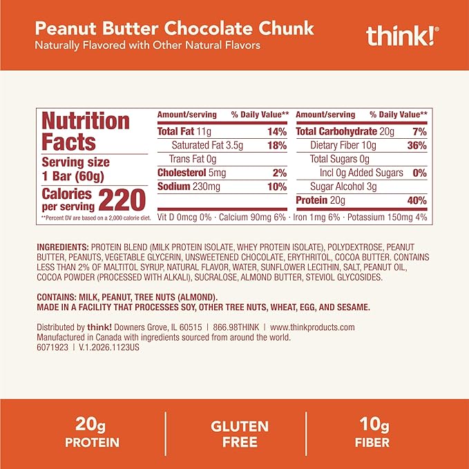 think! Protein Bars, High Protein Snacks, Gluten Free, High Fiber, Peanut Butter Chocolate Chunk