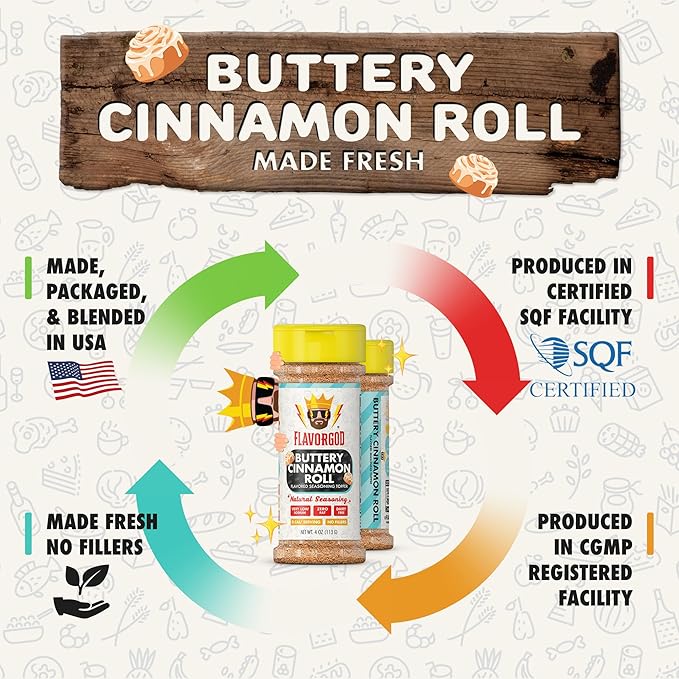 Flavor God 2 Bottles Buttery Cinnamon Roll Seasoning Topper Mix, Natural Healthy Blend, Bread