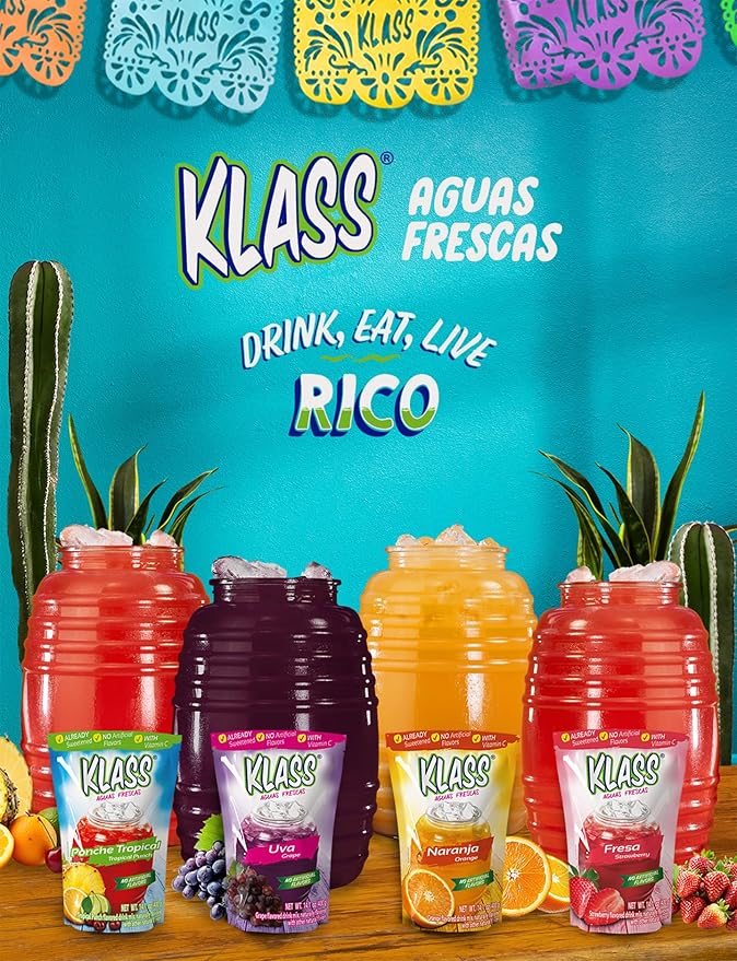 Klass Aguas Frescas | Drink Mix Tropical Variety Pack | Strawberry , Grape, Tropical Punch & Orange