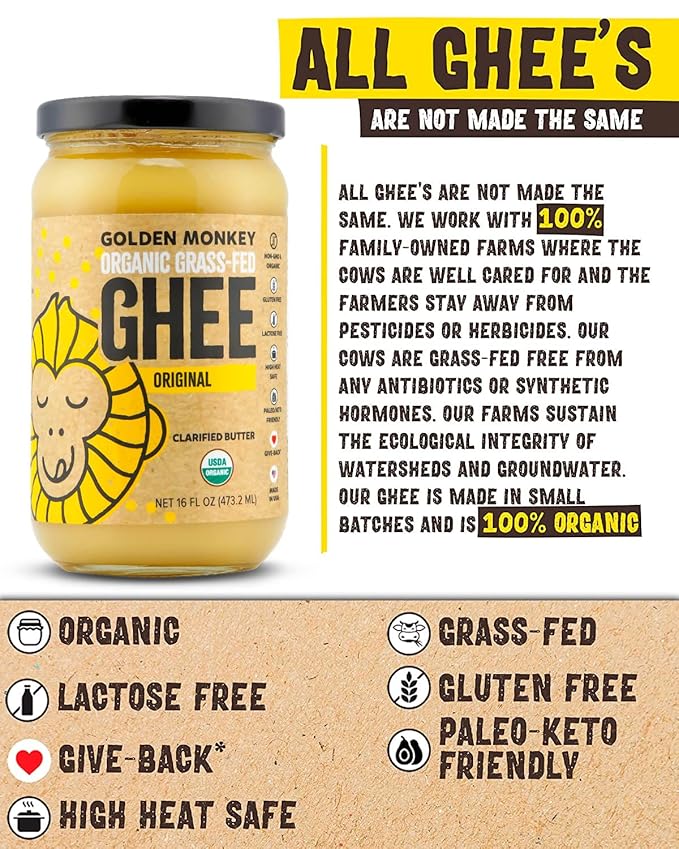 GOLDEN MONKEY Organic Ghee Butter ??Grass Fed Clarified Butter for Cooking, Baking, Keto & Gut