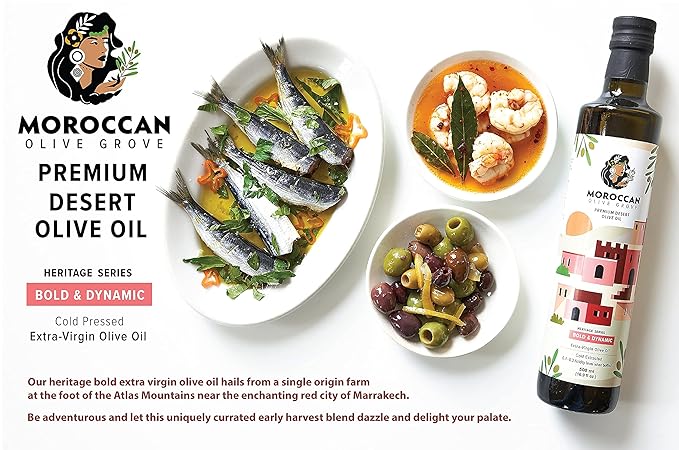 MOROCCAN OLIVE GROVE - Bold & Dynamic - Premium Desert Extra Virgin Cold Extracted Olive Oil, 100%