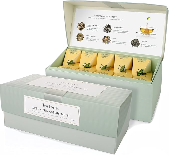 Tea Forte Assorted Green Tea Presentation Box Tea Gift Set Sampler, 20 Count, 2 of Each Variety