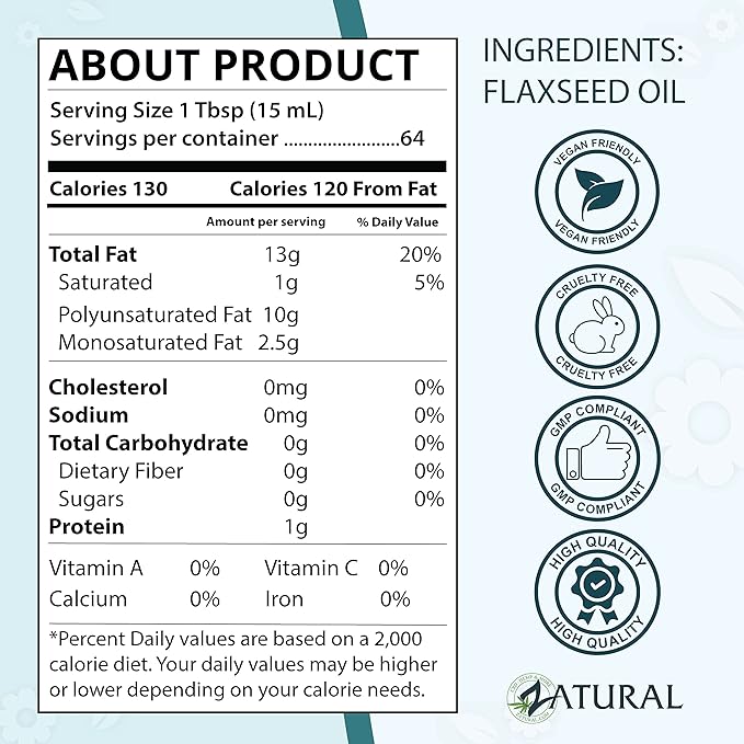 Zatural Flaxseed Oil Naturally Grown 100% Pure Flax Seeds Cold Pressed Vegan Omega Fatty Acids (8oz)