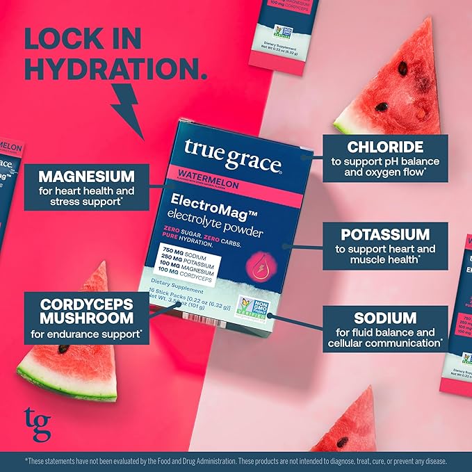 True Grace ElectroMag - 16 Stick Packs (Pack of 2) - Watermelon - Electrolyte Powder for Rapid