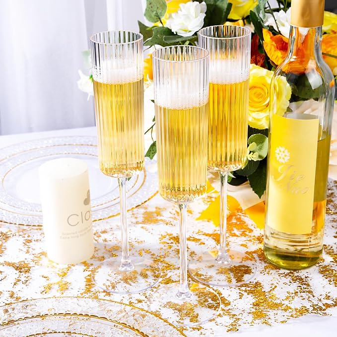 Ciaell 24 Pack Plastic Champagne Flutes - 6oz Ribbed Disposable Champagne Glasses - Clear Vintage