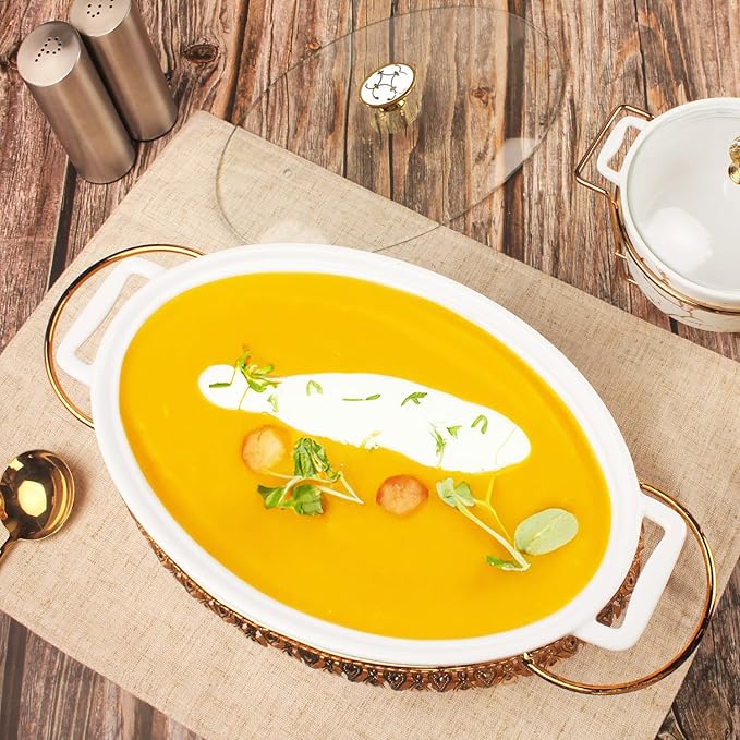 10" x 7" Ceramic Oval Casserole Dish with Glass Lid and Gold rack, 30 Ounce White Serving Soup