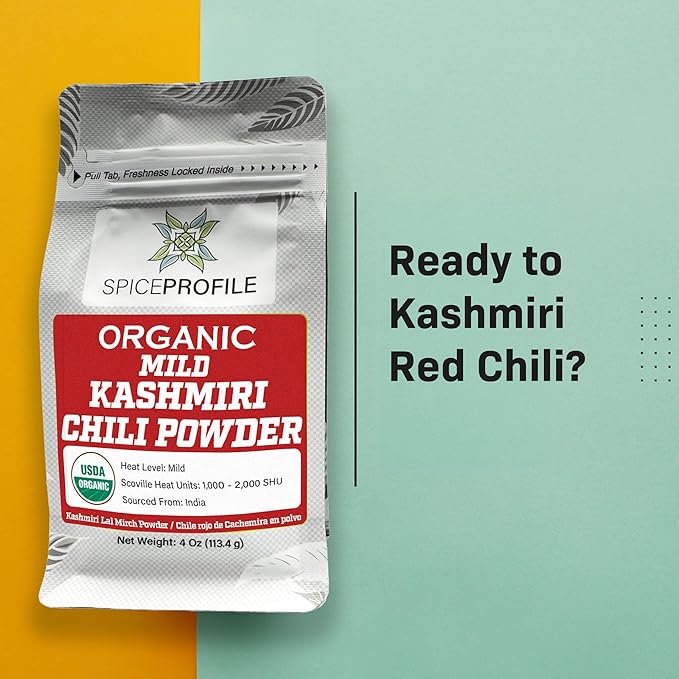 Spice Profile USDA Organic Low Heat Kashmiri Chili Powder, 4 oz, Lab Tested for Heavy Metals, Milder than Deggi Mirch Chilli, Chile rojo de Cachemira en polvo