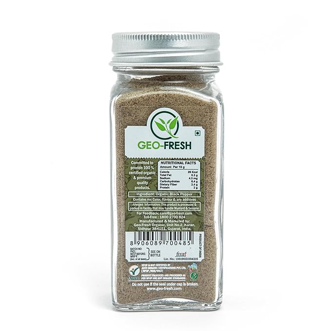 Geo-Fresh Organic Black Pepper Powder ??1.94 oz Glass Jar ??Black Pepper Ground ??USDA Certified