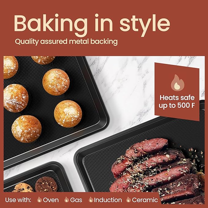 Diamond Bottom Cookie Sheet Set of 2, Nonstick White Marble Carbon Steel Baking Pans for Crisp