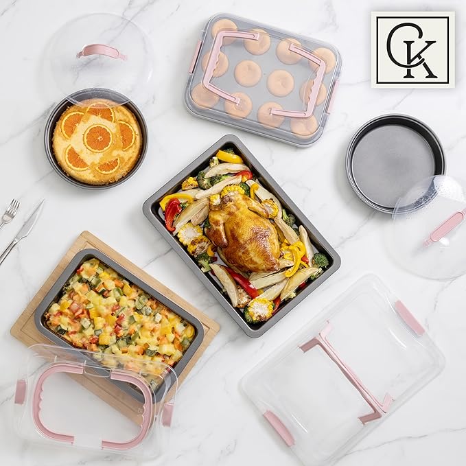 Country Kitchen Baking Pans Set - 10 Piece Non-Stick Cake Pans with Carry Lids for Easy Storage &