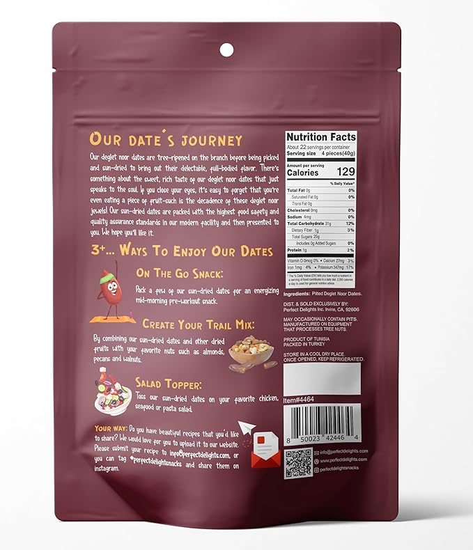 Perfect Delights Dates, Vegan, Sun-Dried Pitted Dates, Healthy Fruit Snack for Kids and Adults