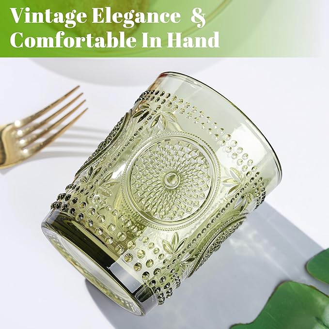 Joeyan Green Vintage Drinking Glasses,Embossed Small Sunflower Water Glass Tumbler,11oz Colored