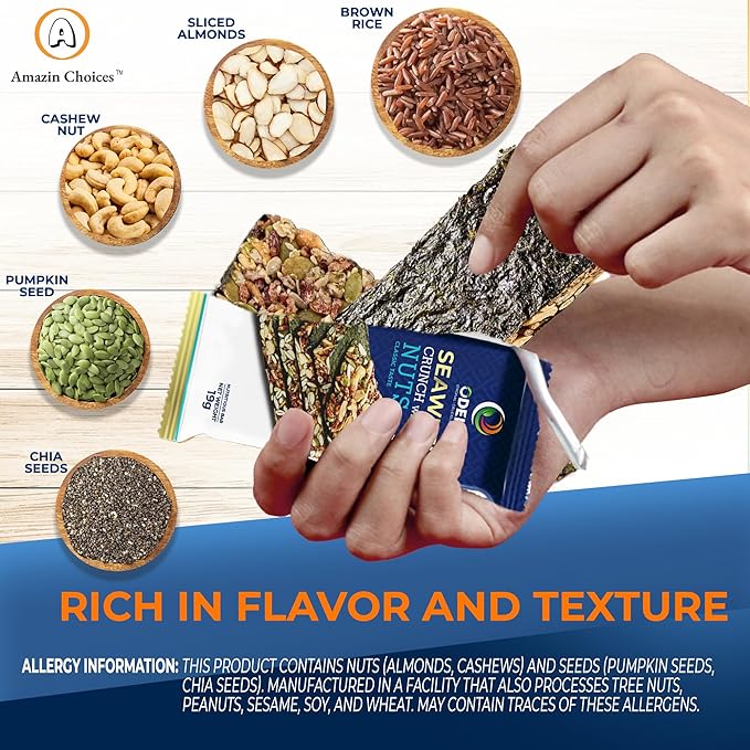 Seaweed Crunch with Nuts Classic Taste. Seaweed Snack Bars with Cashews, Almonds & Pumpkin Seeds by