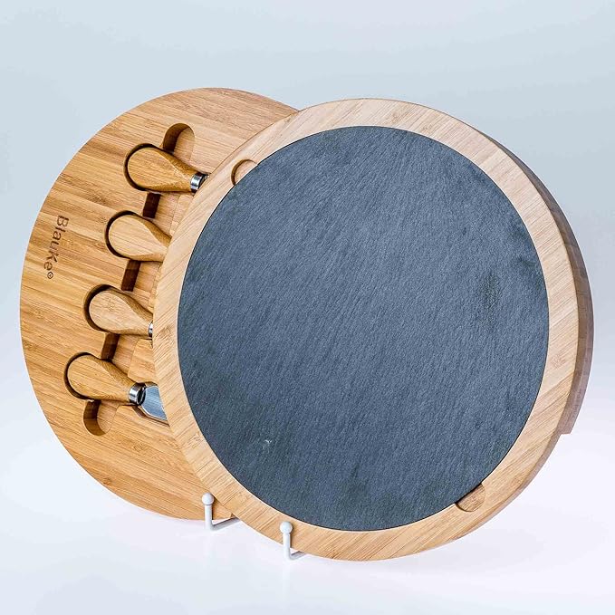 BlauKe Bamboo Cheese Board with Knife Set and Slate – 12 inch Round Charcuterie Board, Serving