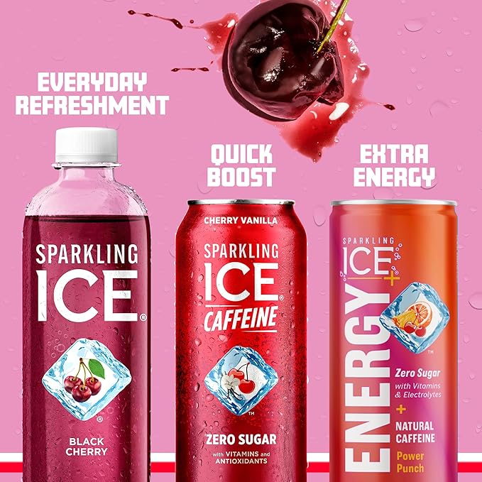 Sparkling Ice Caffeine Cherry Vanilla Sparkling Water with Caffeine, Zero Sugar, with Antioxidants