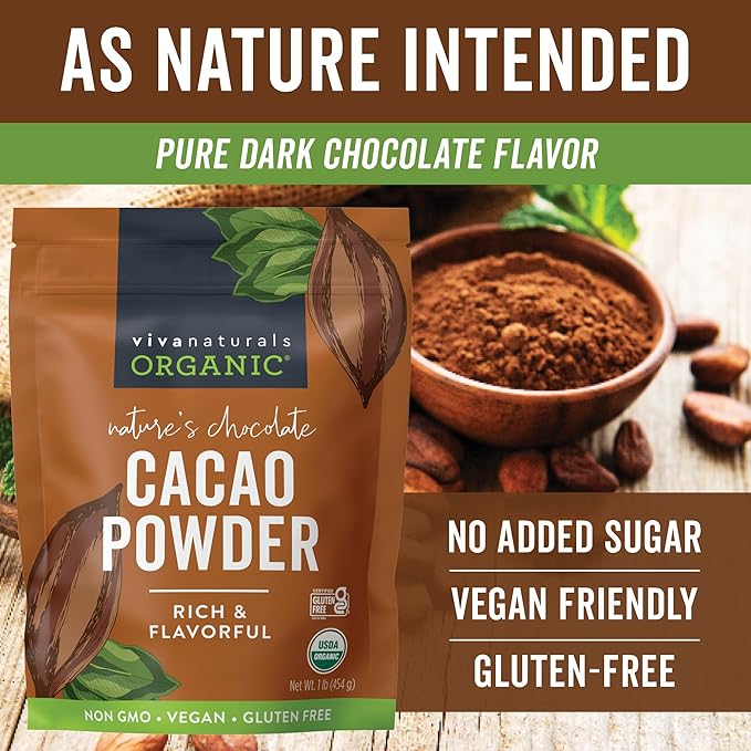 Viva Naturals Organic Cacao Powder, 1lb - Unsweetened Cacao Powder With Rich Dark Chocolate Flavor