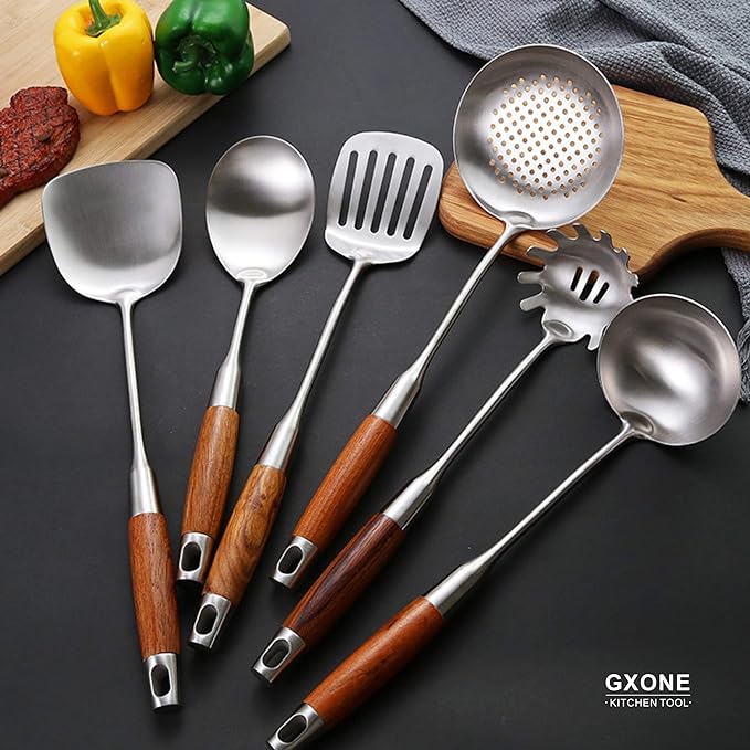 Large Serving Spoons,304 Stainless Steel Cooking Spoon with Heat Resistant Wooden