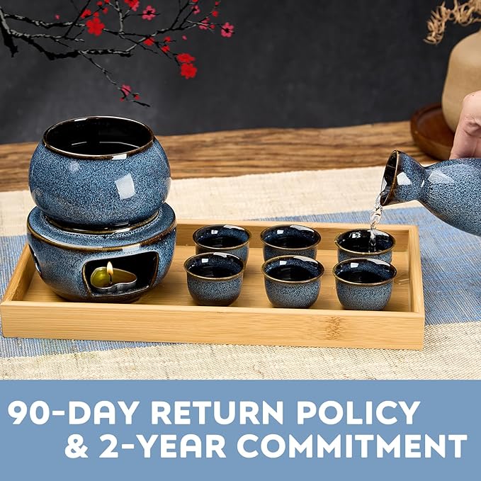 DUJUST 10 pcs Japanese Sake Set with Warmer for 6, Kiln Altered Glaze Porcelain Sake Set, 6 Sake