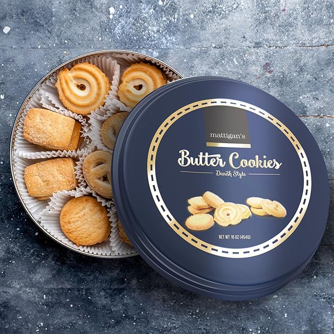 Mattigan's Butter Cookies Traditional Danish Style Cookie Assortment, 16 Oz Tin, Gourmet Gifts for