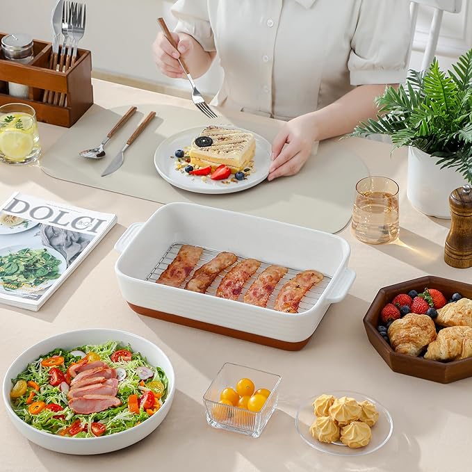 MALACASA Casserole Dishes for Oven with Roasting Racks, Ceramic Baking Dishes Set of 3, Baking Pan