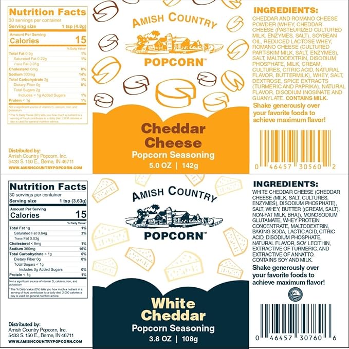 Amish Country Popcorn | Seasoning Variety Pack | Cheddar Cheese - 4.7 oz and White Cheddar Cheese