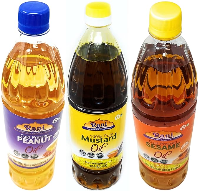 Rani Premium Oils Combo Set of 3 - Peanut Oil, Mustard Oil, Sesame Oil 33.8 Ounce (1 Liter) ~ Cold