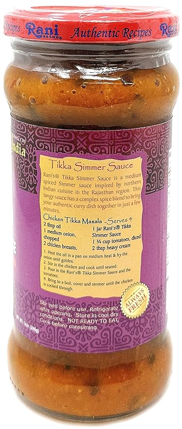 Rani Tikka Curry Vegan Simmer Sauce (Creamy Tomato, Onion & Cilantro) 14oz (400g) Glass Jar ~ Easy