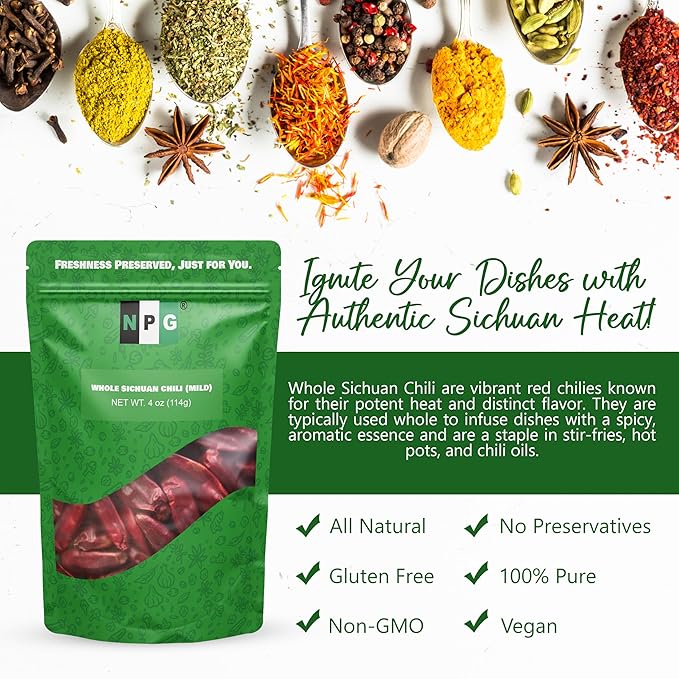 NPG Sichuan Chili Peppers 4 Ounces, Mild, Used in Mexican, Chinese, Thai Dishes, Premium Szechuan