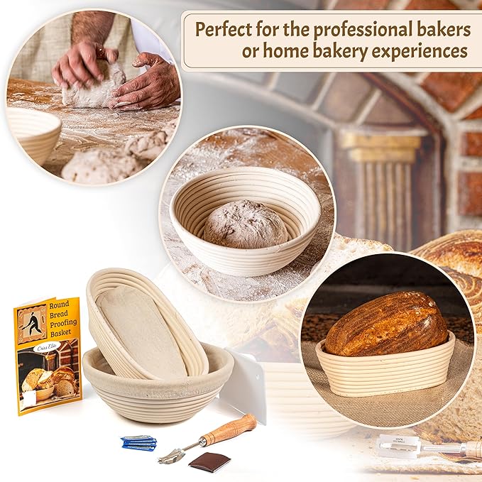 Sourdough Bread Baking Supplies Starter Kit, Banneton Proofing Basket Set: Round 9" & Oval 10"