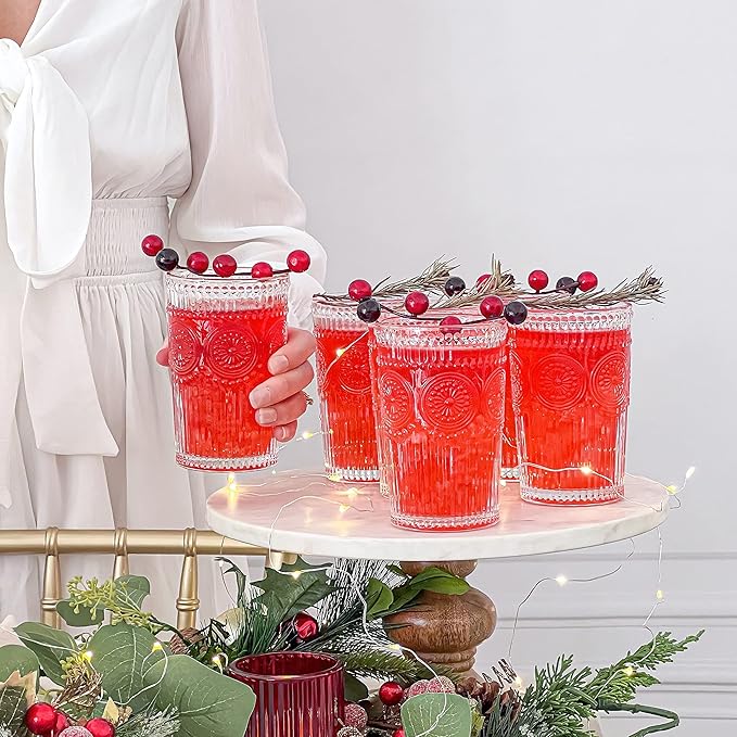 Kate Aspen Vintage Textured Clear Striped Drinking Glasses Set of 6, (13 oz) Ribbed Glassware Set