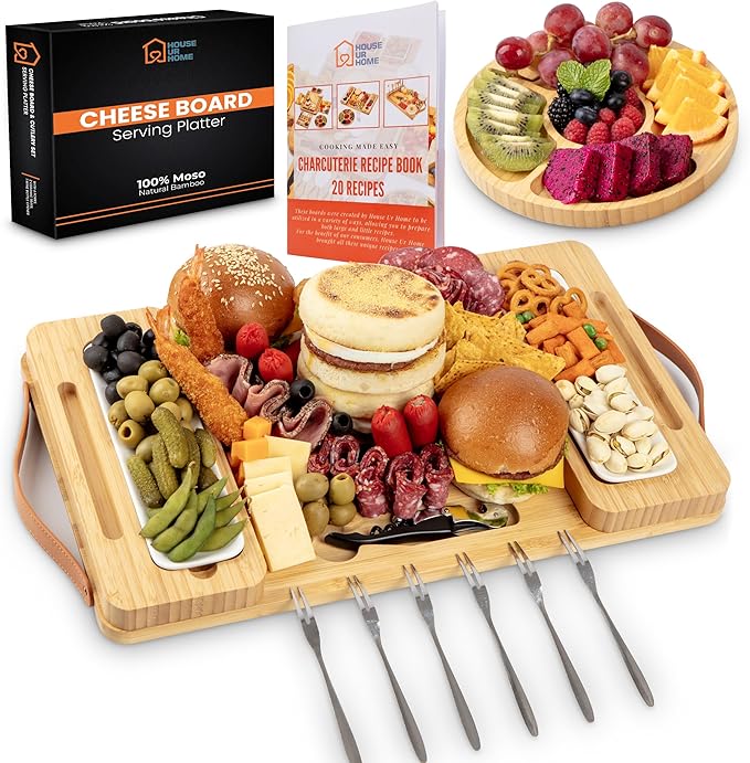 Bamboo Charcuterie Boards Gift Set with Magnetic Removable Side Trays, Fruit Tray, Handles