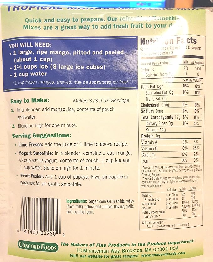 Concord Tropical Mango Smoothie Mix, 6 (SIX) 1.8oz Packets