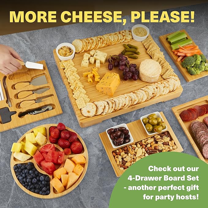 Charcuterie Board Gift Set, Expandable Bamboo Cheese Board with Stainless Steel Serving Utensils