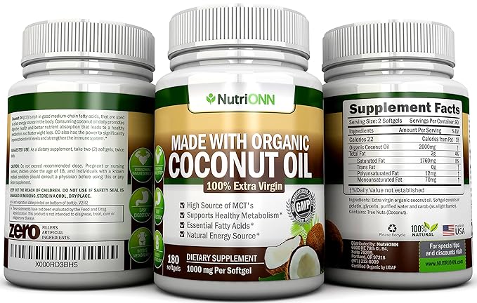 ORGANIC COCONUT OIL Capsules - 180 Softgels - 4000 MG Daily - Cold-Pressed Extra Virgin Coconut Oil