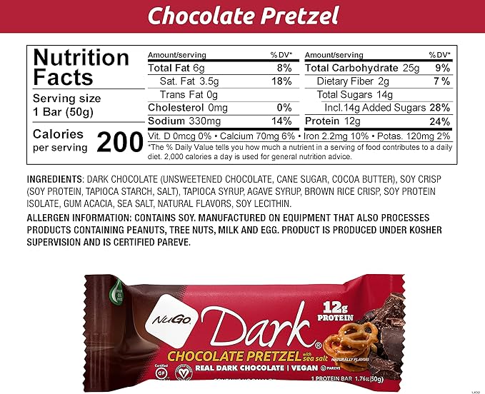 NuGo Dark Variety - Pretzel w/ Sea Salt 12 bars & New! Chocolate Almond w/ Sea Salt 12 bars, 12g