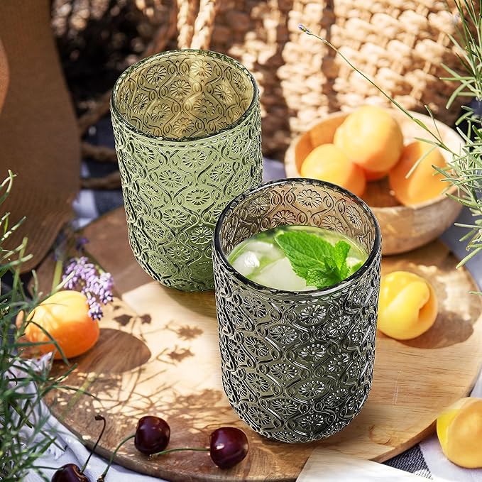 Joeyan Vintage Drinking Glasses,Embossed Floral Highball Glass Water Tumbler,14 oz Colored