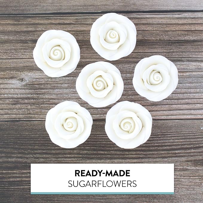 Global Sugar Art Premium Edible Roses, White, Unwired, Medium 1.5 inches, 12 Count by Chef Alan