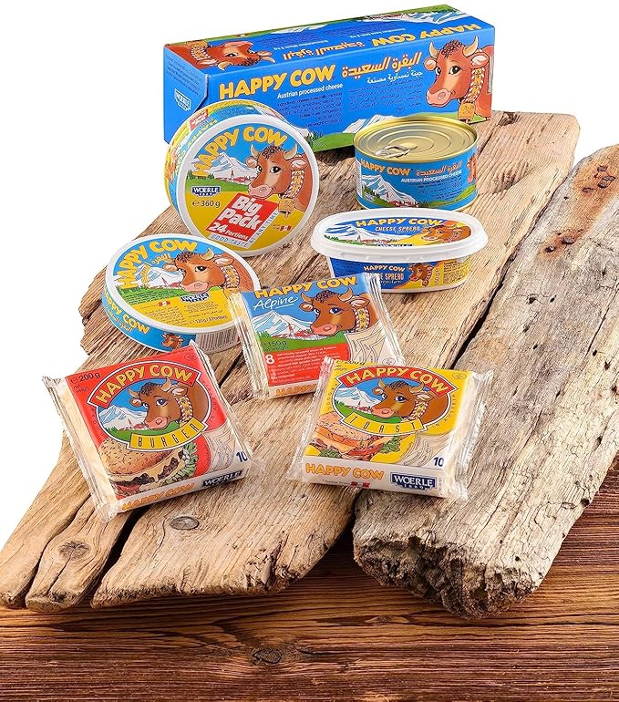 Happy Cow Halal Austrian Processed Cheese 4 OZ (113g) Easy Open Can, Rich Cheddar Flavor, Long