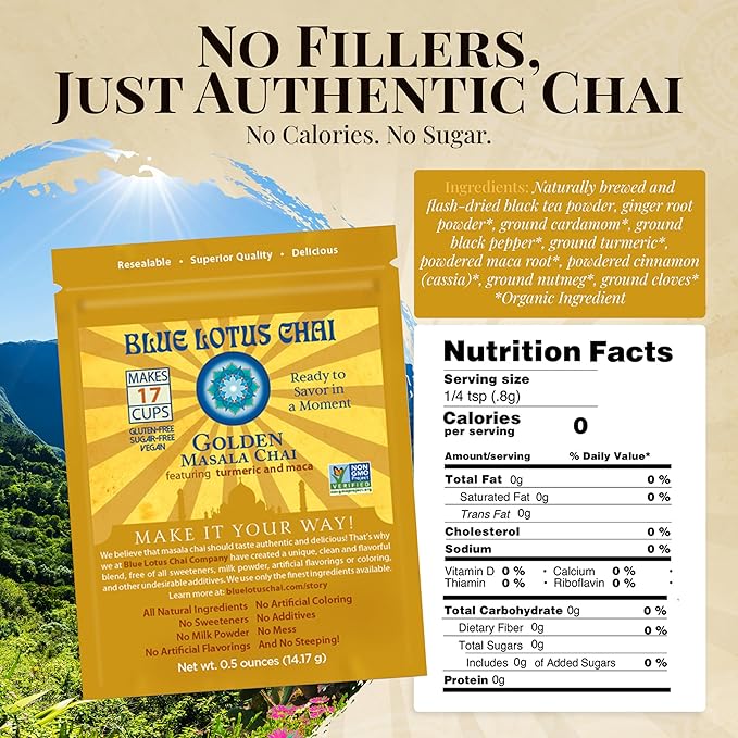 Blue Lotus Chai - Golden Masala Flavor Chai - Makes 17 Cups - 0.5 Ounce Masala Spiced Chai Powder