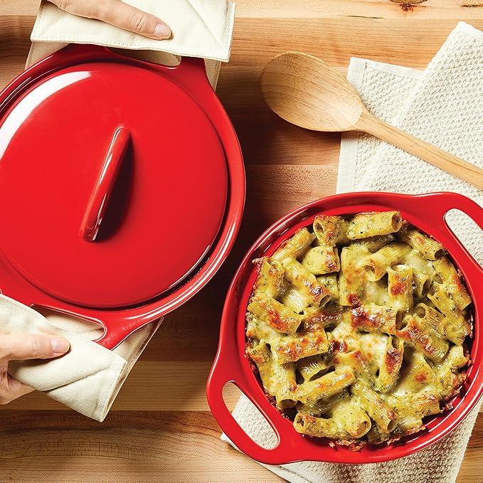 Rachael Ray Solid Glaze Ceramics Casserole Bakers/Baking Dish with Shared Lid Set, 3 Piece, Red