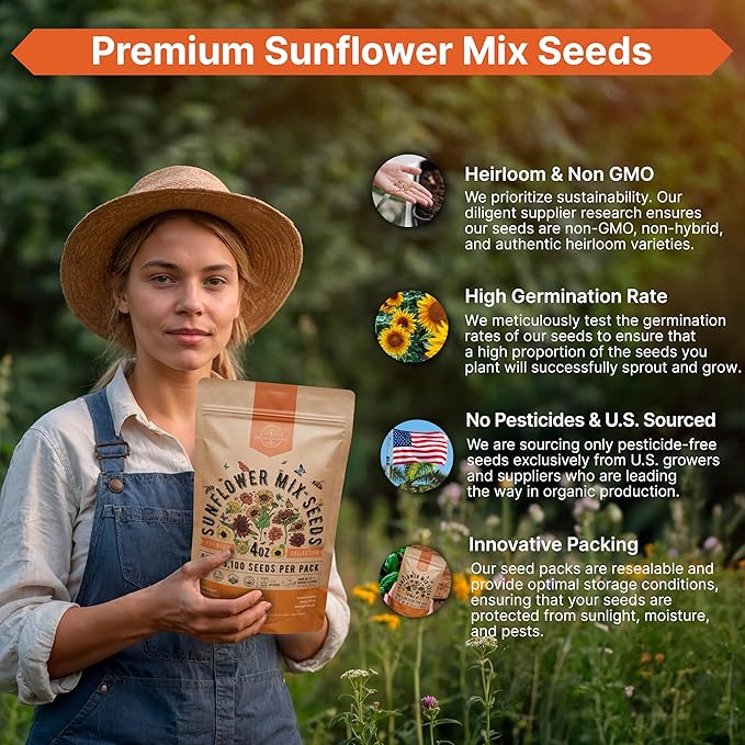 Sunflower Mix Seeds Pack 4 oz - Over 5,100 Non-GMO Heirloom Sunflower Seeds for Planting, Annual