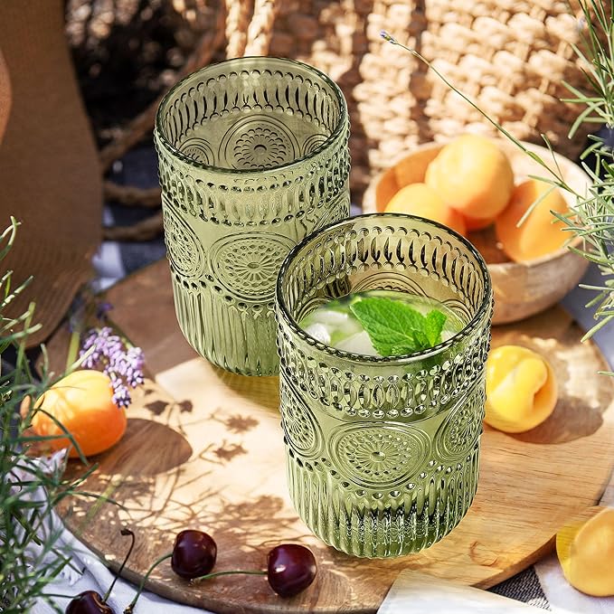 Joeyan Vintage Green Drinking Glasses Set of 4,14 oz Embossed Sunflower Beaded Highball Glass Water