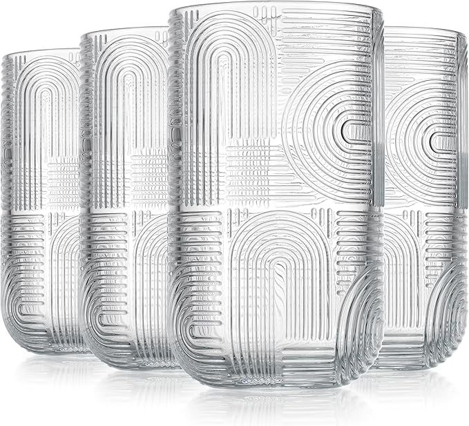 Glaver's Highball Glasses, 17 Ounce Embossed Designed Set of 4 Clear Kitchen Glassware For Home Bar