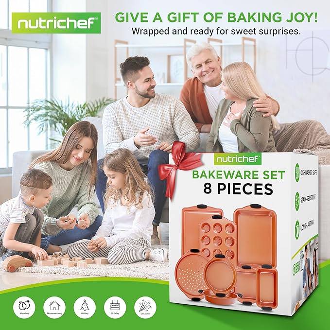 NutriChef 8 Piece Baking Pans Set - Nonstick Carbon Steel Bakeware Set w/ Silicone Heat-Safe