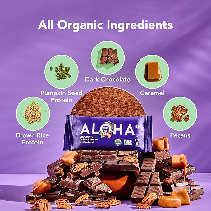 ALOHA Organic Plant Based Protein Bars | Chocolate Caramel Pecan | 12 Count, 1.98oz Bars | Vegan