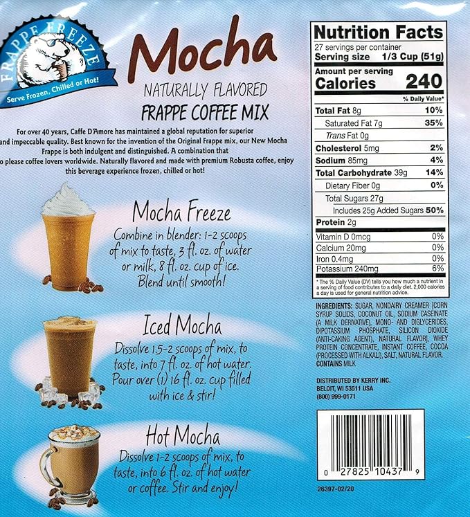 DaVinci Gourmet Frappe Freeze Frappe Coffee Mix, Mocha, 3 Lb Bag, 27 Servings