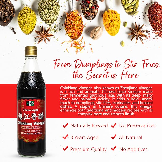NPG Chinkiang Vinegar 19.61 Fl Oz (580ml), 3 Years Aged Zhenjiang Black Rice Vinegar, Naturally